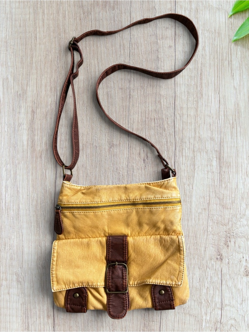 Joy Susan Yellow Crossbody with Brown Leather Trim